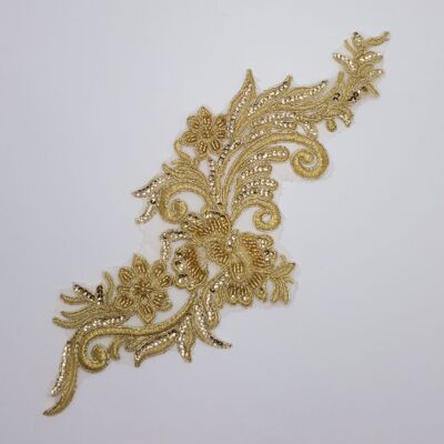 Aplique de Pedrería para vestidos dorado con flores (37 x 14 cm)