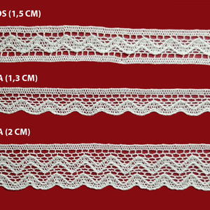 Encaje de Bolillo Fino efecto valencien  (Entredos 1,5 cm/ Puntilla 1,3 cm y Puntilla 2 cm)