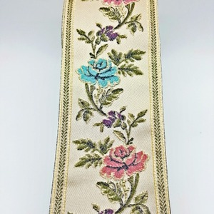 Cinta Bordada Flores celestes y rosa ancha (8,5cm)