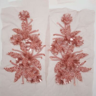 Aplique bordado a mano para vestidos rosa empolvado (34 x 18 cm)
