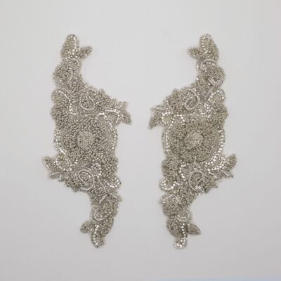 Aplique para vestidos de novia bordado a mano plata (18 x 8 cm)