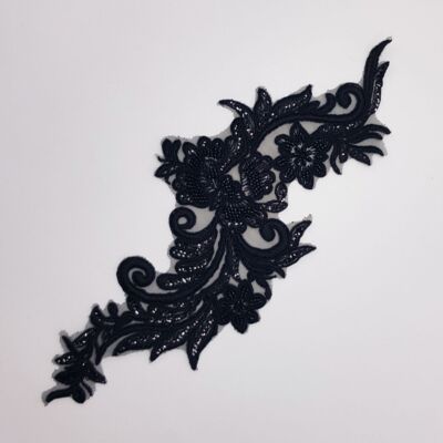 Aplique de Pedrería para vestidos flores negras (37 x 14 cm)