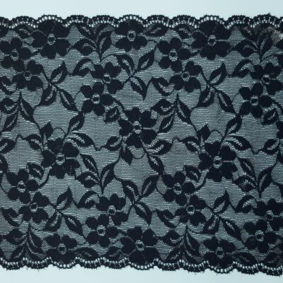 Encaje de Nylon Elástico Ancho Negro motivo floral (18 cm)