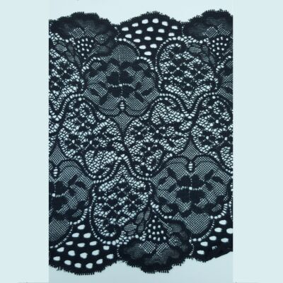 Encaje de Nylon Elástico Negro ancho motivo floral (22 cm)